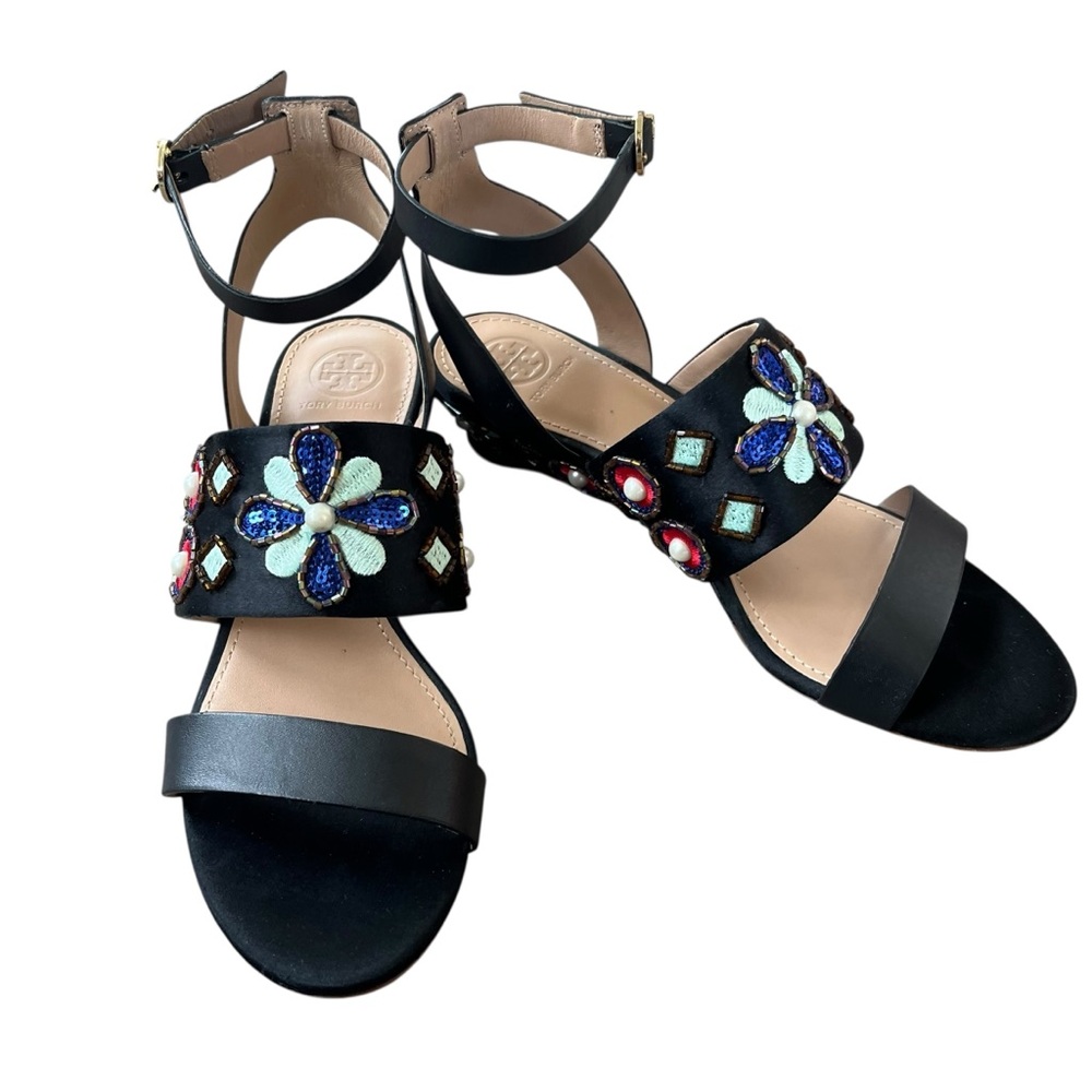 Tory Burch Estella Embellished Wedge Sandals Sequins & Embroidery Size 7M - Picture 6 of 12
